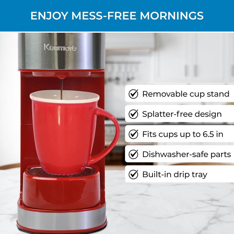 Koolatron Kenmore Single Serve Coffee Maker & Stainless Steel Travel Mug, Capsule/Pod & Ground Coffee Brewing, K Cup Compatible, Hot & Iced Coffee Machine, 6 to 14 Oz Brew Sizes, Auto Shut-Off, Red - Image 4
